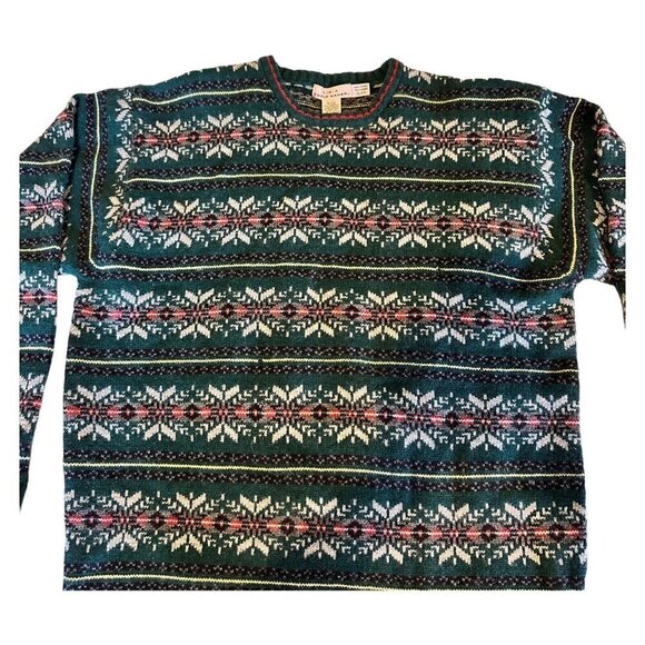 Eddie Bauer AKA Fair Isle Tall XL VTG Holiday Nordic Christmas Geometric Green - Picture 2 of 15